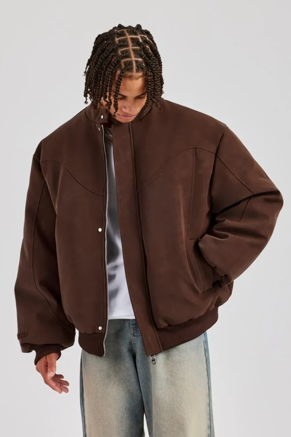 Embroidered Puffer Bomber Jacket - Chocolate