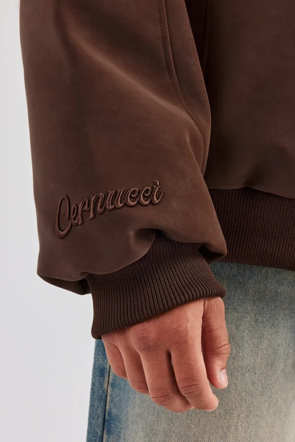 Embroidered Puffer Bomber Jacket - Chocolate