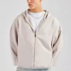 Embroidered Zip Through Hoodie - Washed Stone