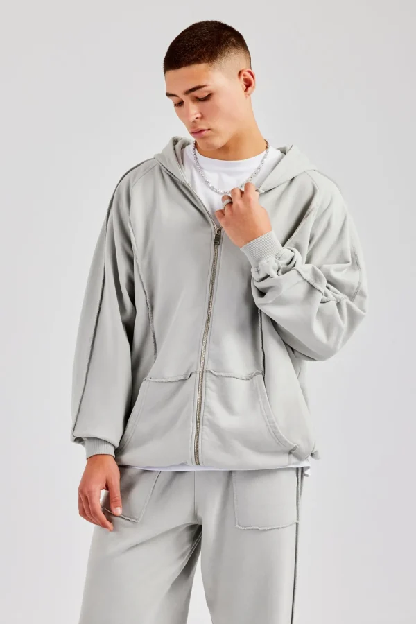 Exposed Seam Zip Through Hoodie - Ash Grey