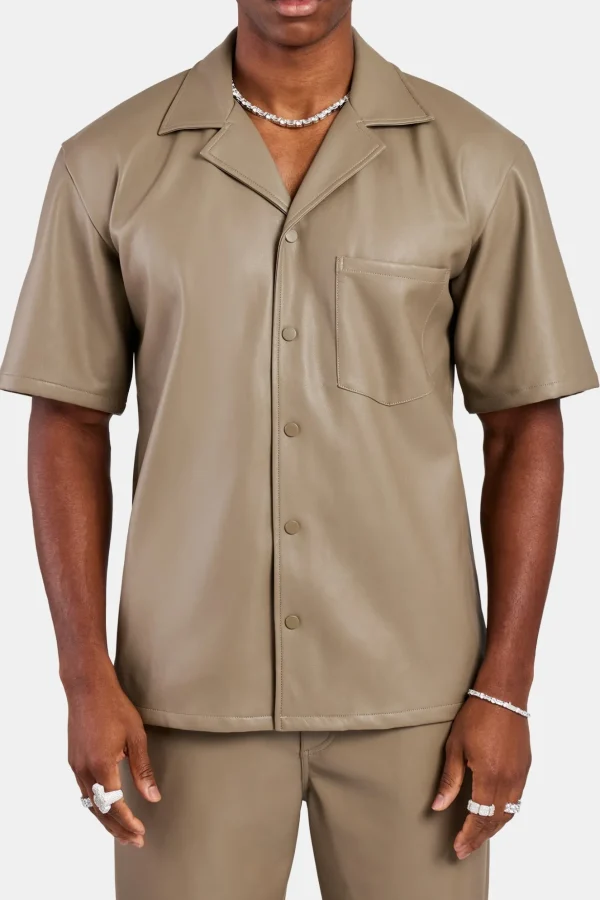 Faux Leather Shirt With Pocket - Taupe