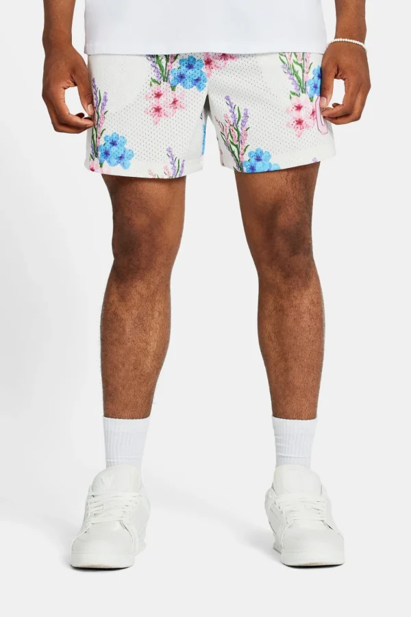 Floral Printed Mesh Short - Ecru