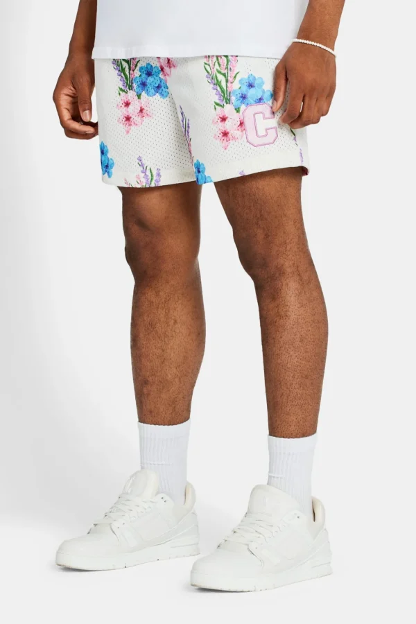 Floral Printed Mesh Short - Ecru