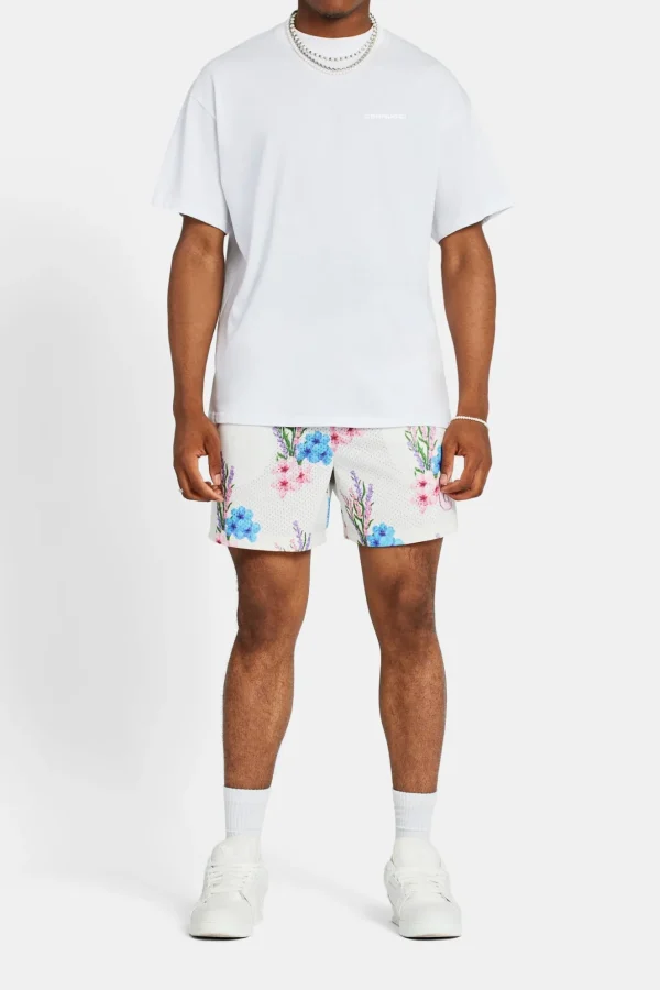 Floral Printed Mesh Short - Ecru