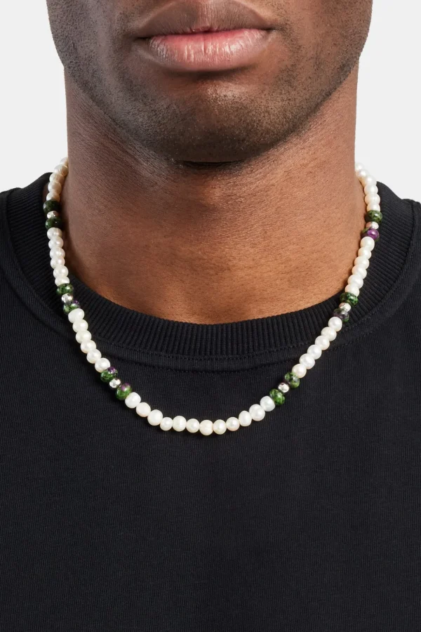 Freshwater Pearl & Green Stone Bead Necklace