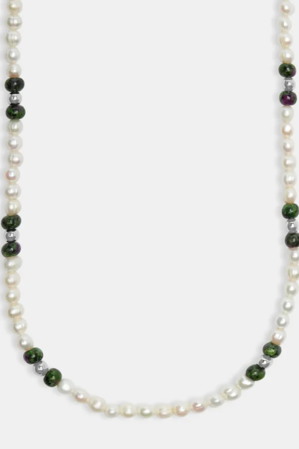 Freshwater Pearl & Green Stone Bead Necklace