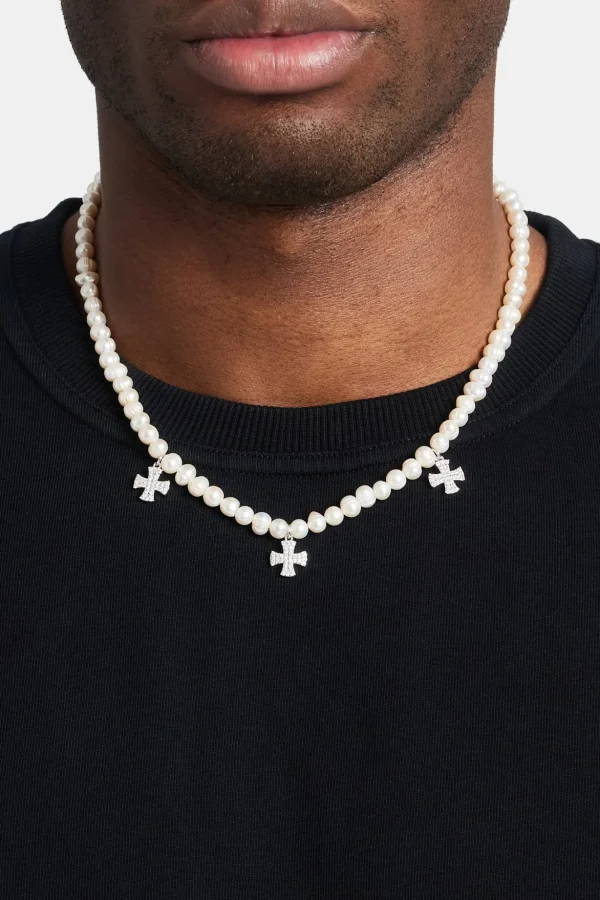 Freshwater Pearl Cross Drop Necklace - White