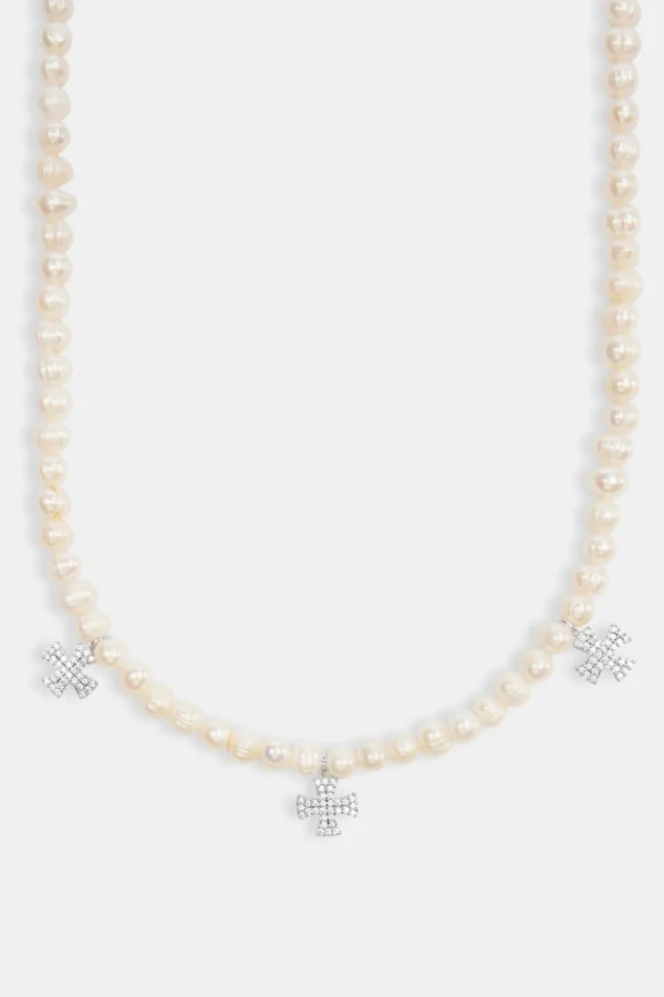 Freshwater Pearl Cross Drop Necklace - White