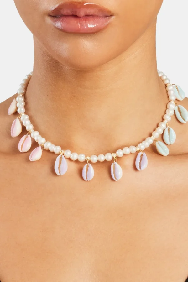 Freshwater Pearl Pastel Cowrie Shell Necklace - Gold