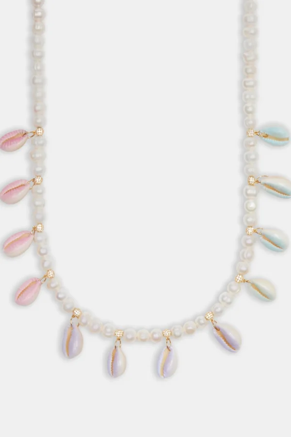 Freshwater Pearl Pastel Cowrie Shell Necklace - Gold