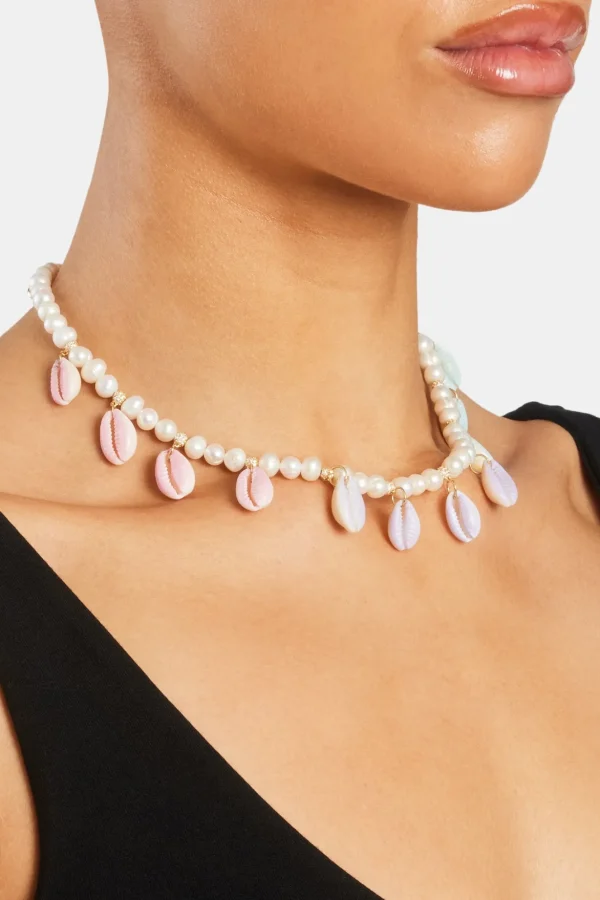 Freshwater Pearl Pastel Cowrie Shell Necklace - Gold