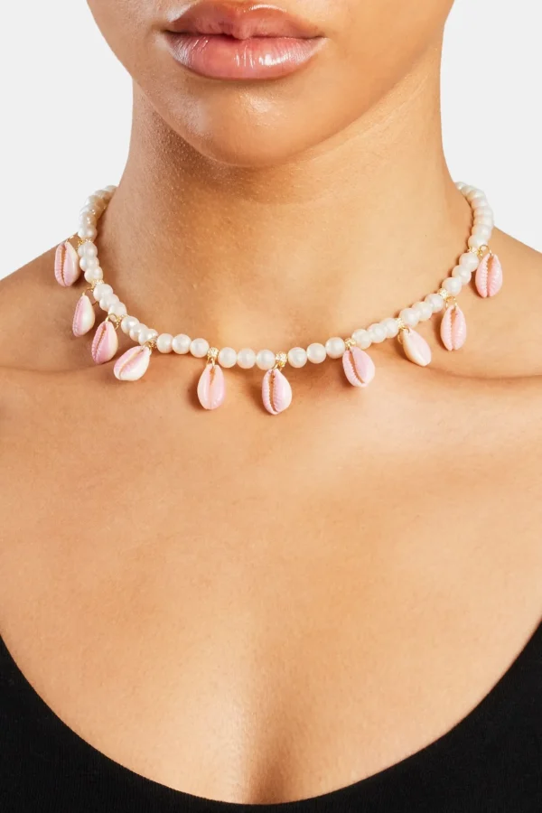 Freshwater Pearl Pink Cowrie Shell Necklace - Gold