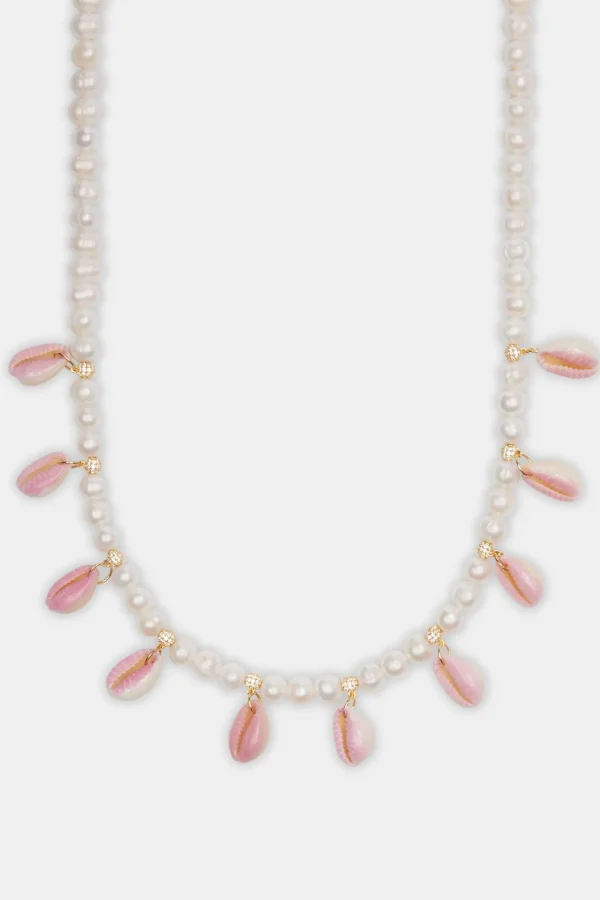 Freshwater Pearl Pink Cowrie Shell Necklace - Gold