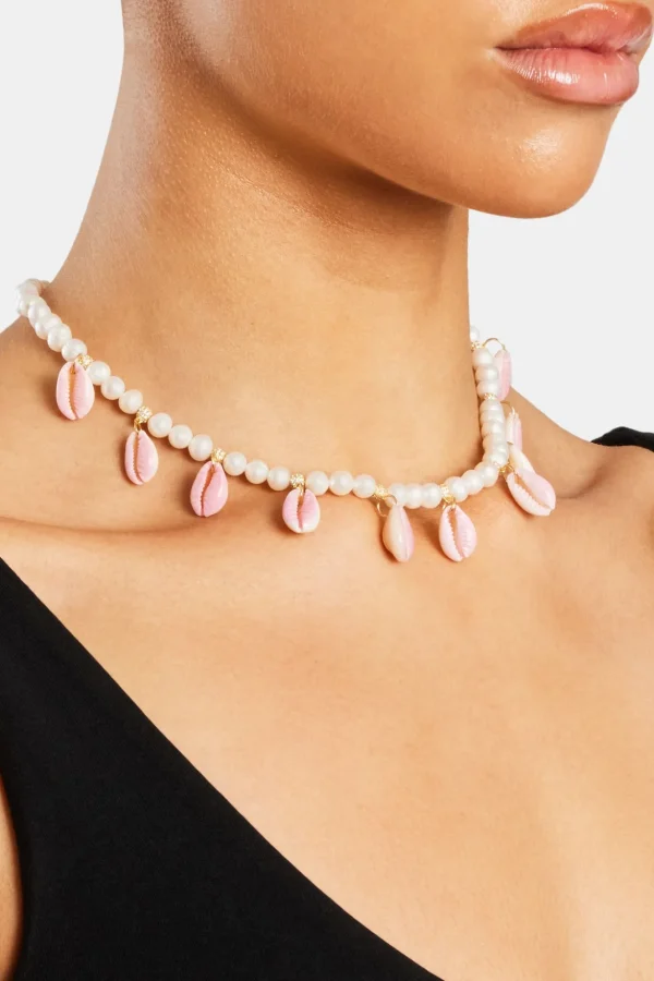 Freshwater Pearl Pink Cowrie Shell Necklace - Gold