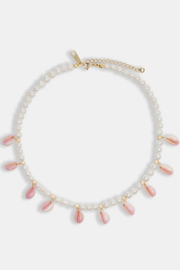 Freshwater Pearl Pink Cowrie Shell Necklace - Gold