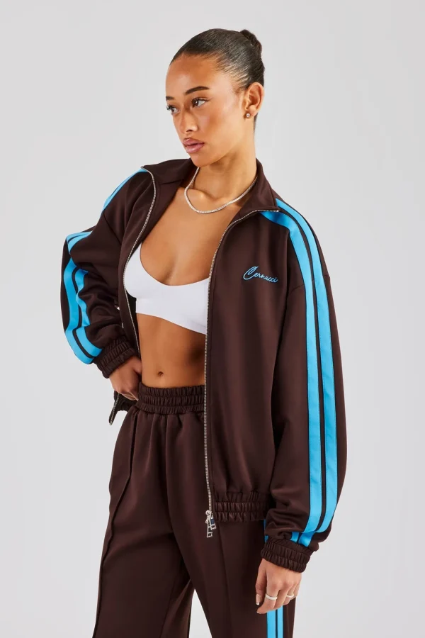 Funnel Neck Blue Taping Zip Through Track Jacket - Chocolate