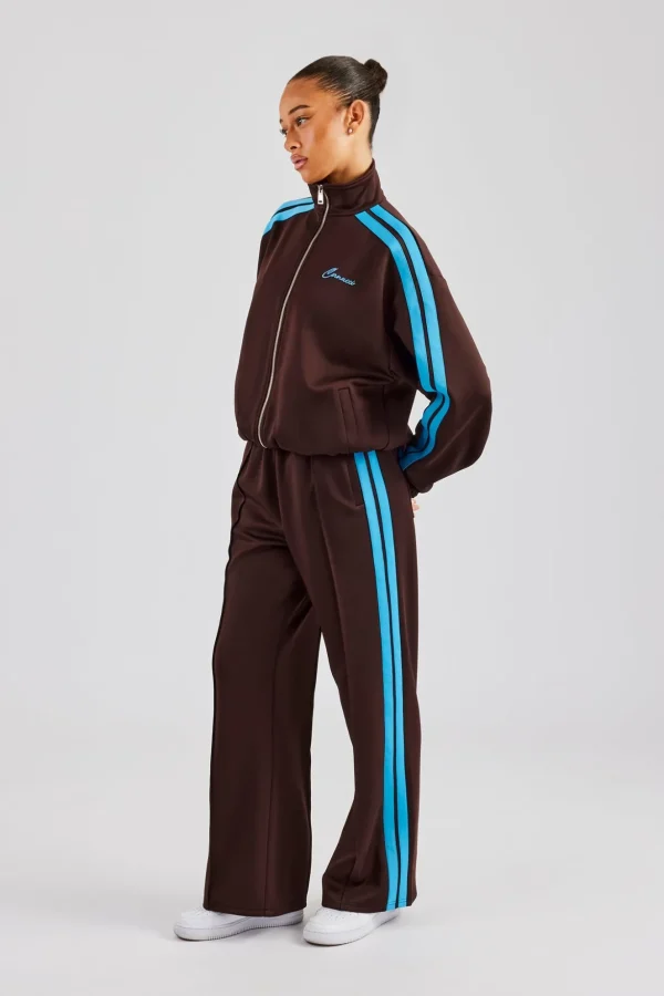 Funnel Neck Blue Taping Zip Through Tracksuit - Chocolate