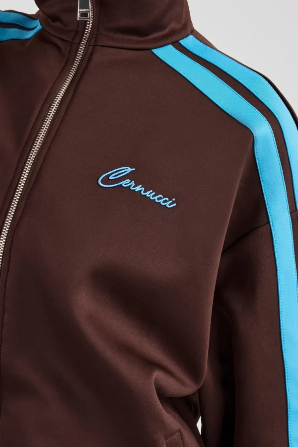 Funnel Neck Blue Taping Zip Through Track Jacket - Chocolate