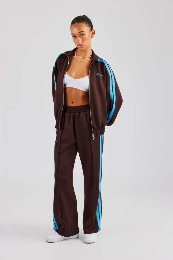 Funnel Neck Blue Taping Zip Through Tracksuit - Chocolate