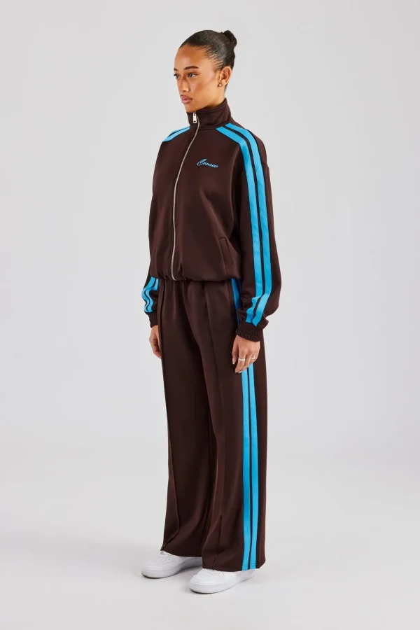 Funnel Neck Blue Taping Zip Through Tracksuit - Chocolate