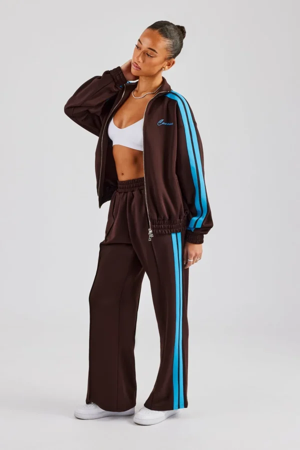 Funnel Neck Blue Taping Zip Through Tracksuit - Chocolate