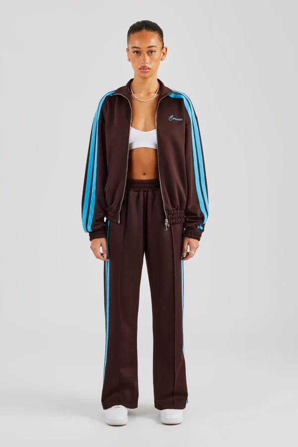 Funnel Neck Blue Taping Zip Through Tracksuit - Chocolate