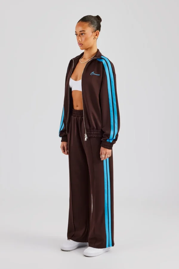 Funnel Neck Blue Taping Zip Through Tracksuit - Chocolate