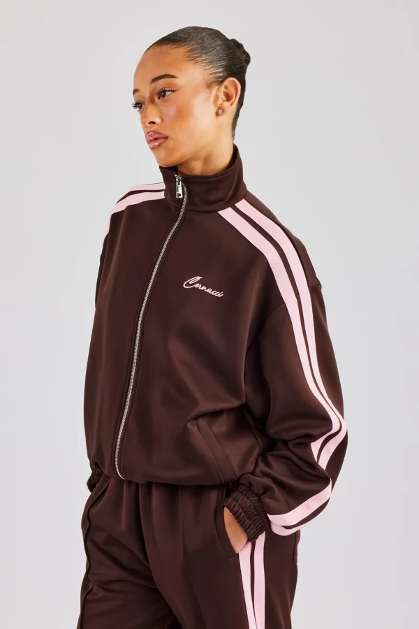 Funnel Neck Pink Taping Zip Through Track Jacket - Chocolate