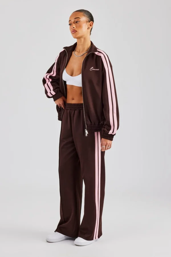 Funnel Neck Pink Taping Zip Through Track Jacket - Chocolate