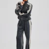 Funnel Neck Taping Zip Through Velour Tracksuit - Grey