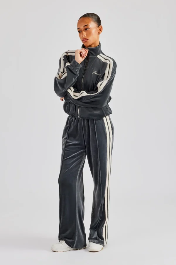 Funnel Neck Taping Zip Through Velour Tracksuit - Grey