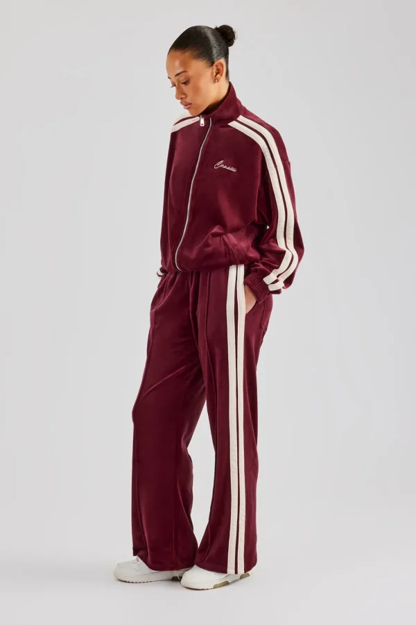 Funnel Neck Taping Zip Through Velour Tracksuit - Burgundy