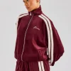 Funnel Neck Taping Zip Through Velour Track Jacket - Burgundy