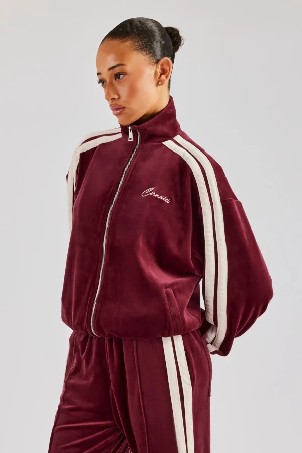 Funnel Neck Taping Zip Through Velour Track Jacket - Burgundy