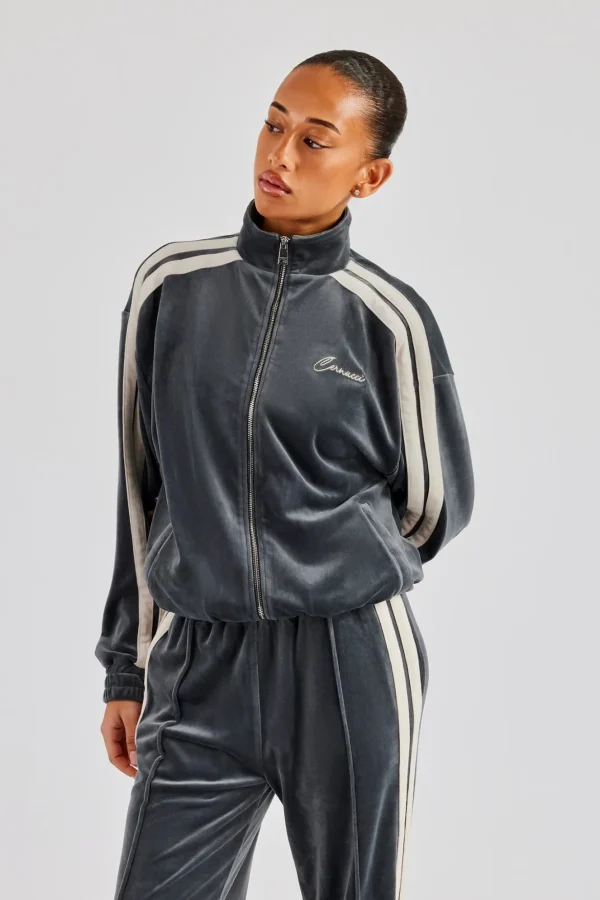 Funnel Neck Taping Zip Through Velour Track Jacket - Grey