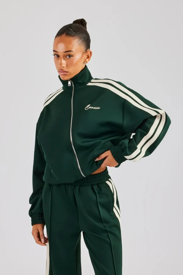 Funnel Neck Taping Zip Through Track Jacket - Bottle Green