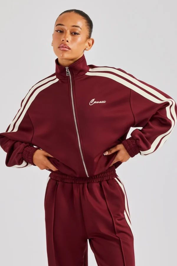 Funnel Neck Taping Zip Through Track Jacket - Burgundy