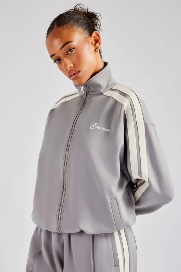 Funnel Neck Taping Zip Through Track Jacket - Grey