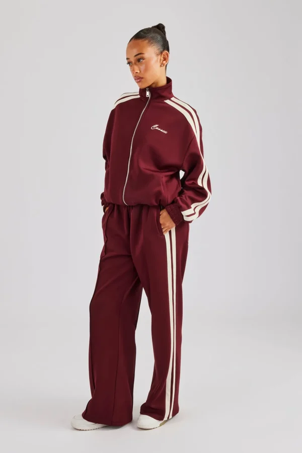 Funnel Neck Taping Zip Through Tracksuit  - Burgundy