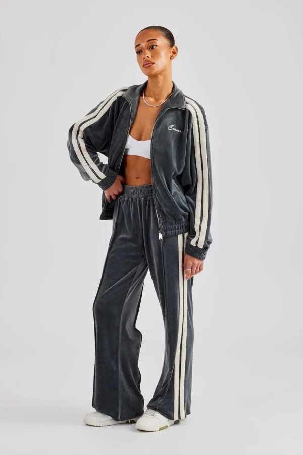 Funnel Neck Taping Zip Through Velour Tracksuit - Grey