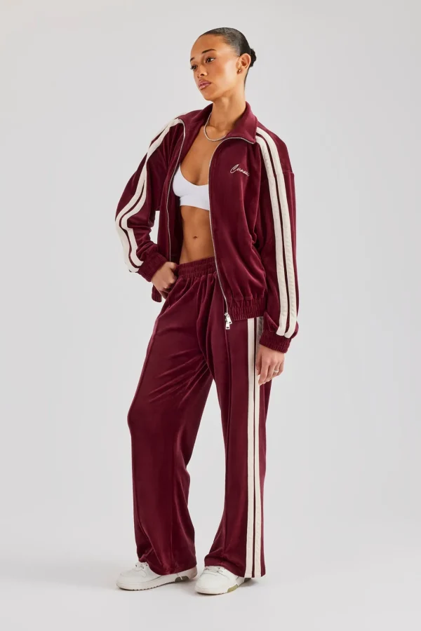 Funnel Neck Taping Zip Through Velour Tracksuit - Burgundy