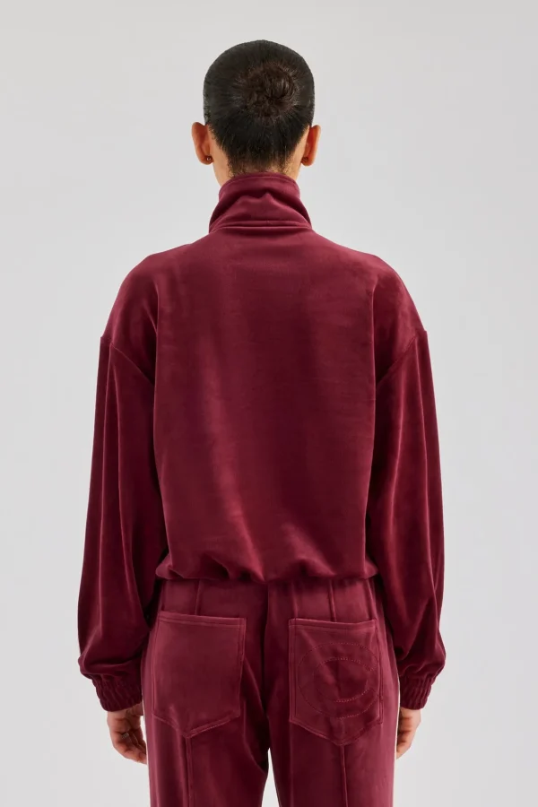 Funnel Neck Taping Zip Through Velour Track Jacket - Burgundy