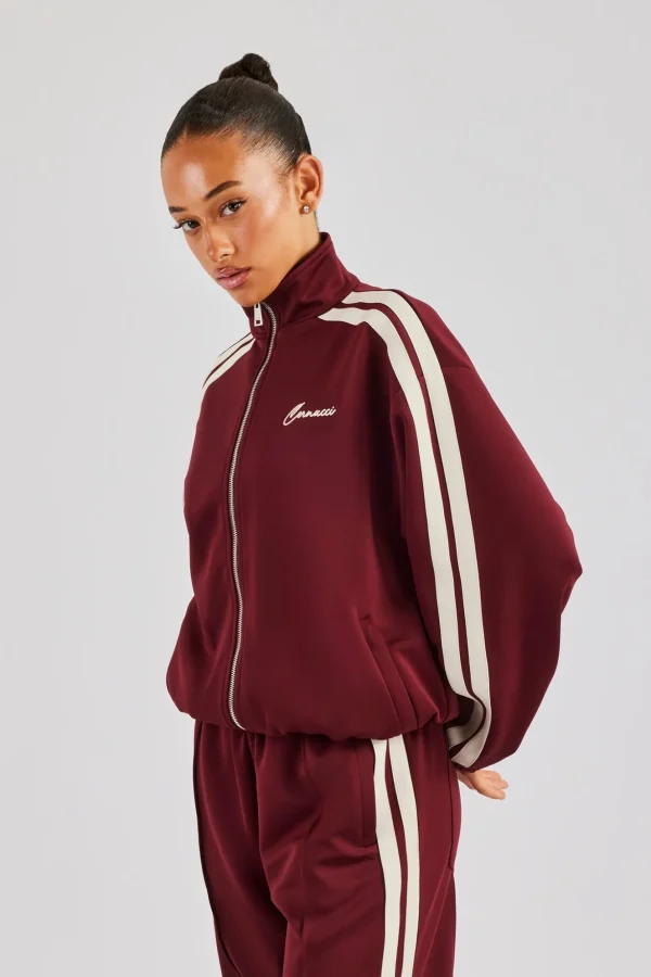 Funnel Neck Taping Zip Through Track Jacket - Burgundy