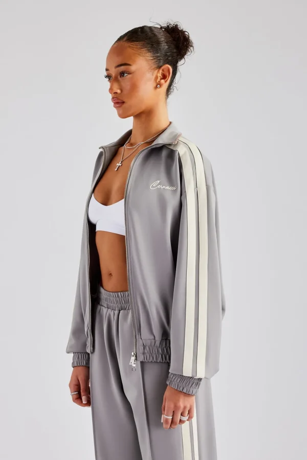 Funnel Neck Taping Zip Through Track Jacket - Grey