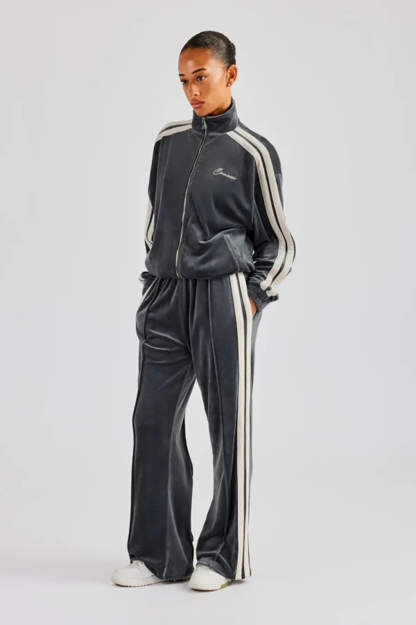 Funnel Neck Taping Zip Through Velour Tracksuit - Grey