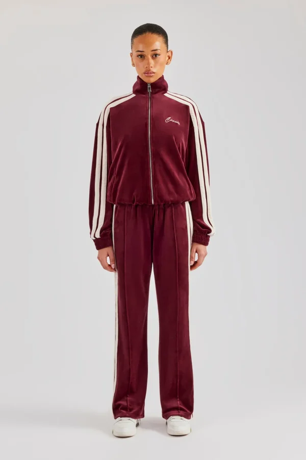 Funnel Neck Taping Zip Through Velour Tracksuit - Burgundy