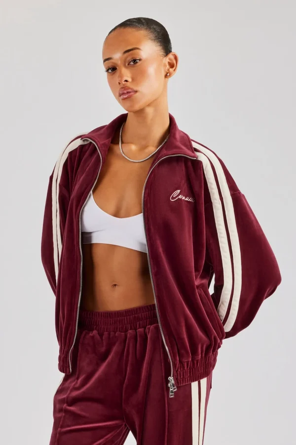 Funnel Neck Taping Zip Through Velour Track Jacket - Burgundy