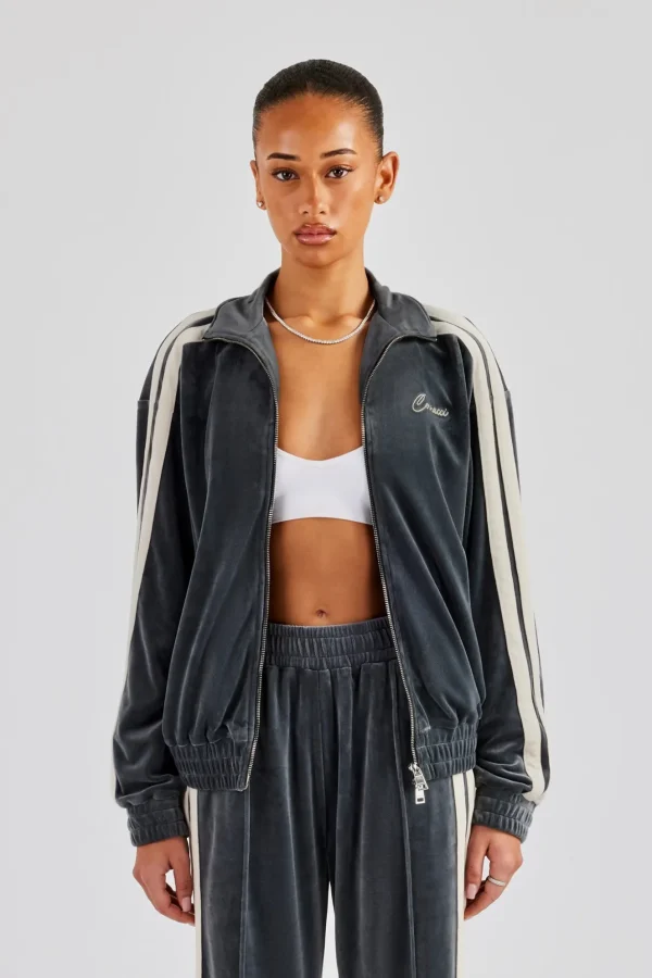 Funnel Neck Taping Zip Through Velour Track Jacket - Grey