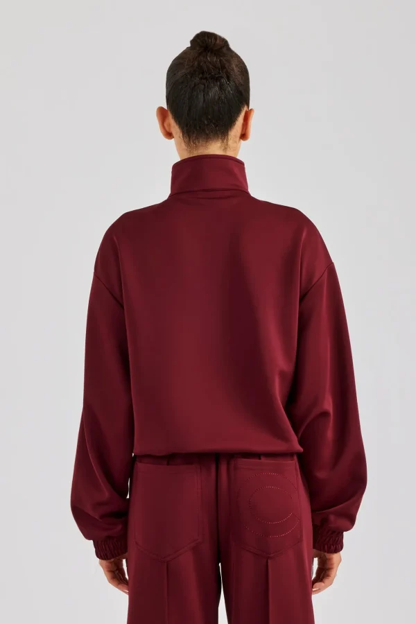 Funnel Neck Taping Zip Through Track Jacket - Burgundy