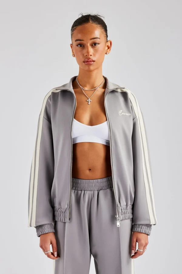 Funnel Neck Taping Zip Through Track Jacket - Grey